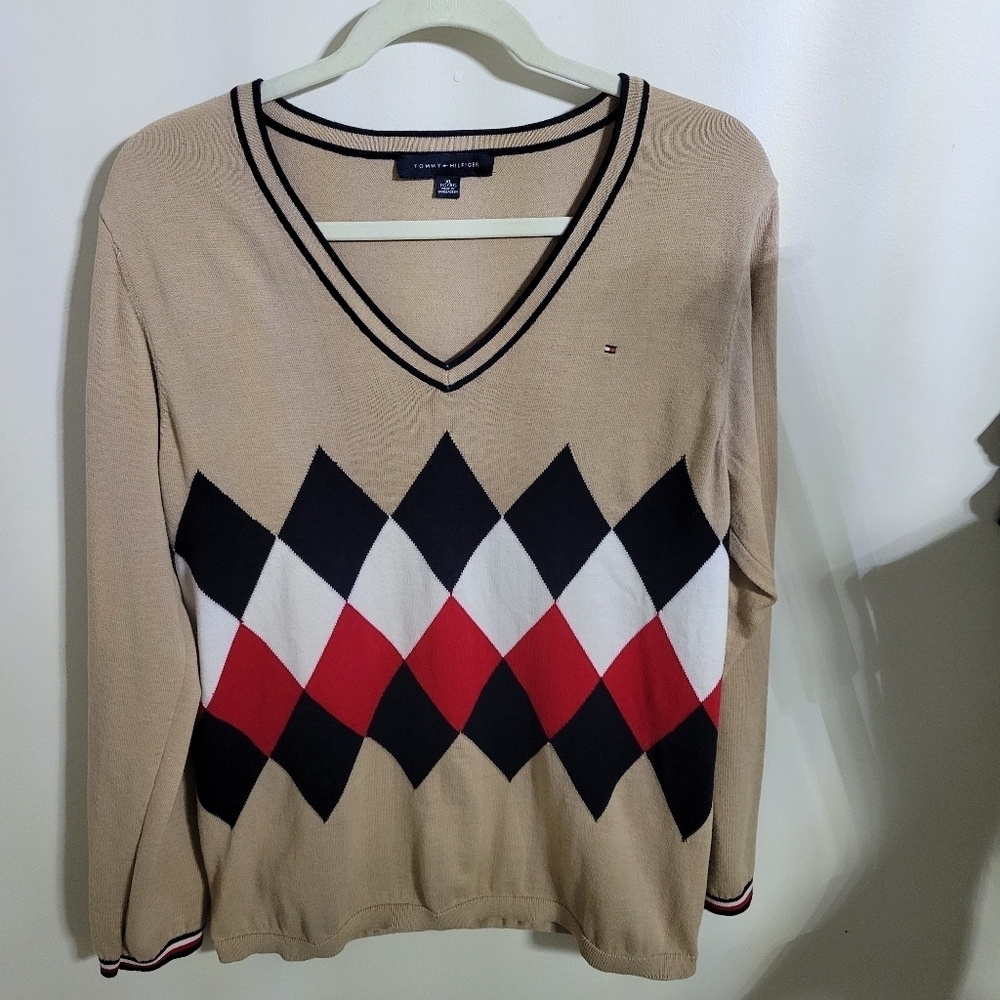 Tommy Hilfiger Tan Argyle V-Neck Sweater